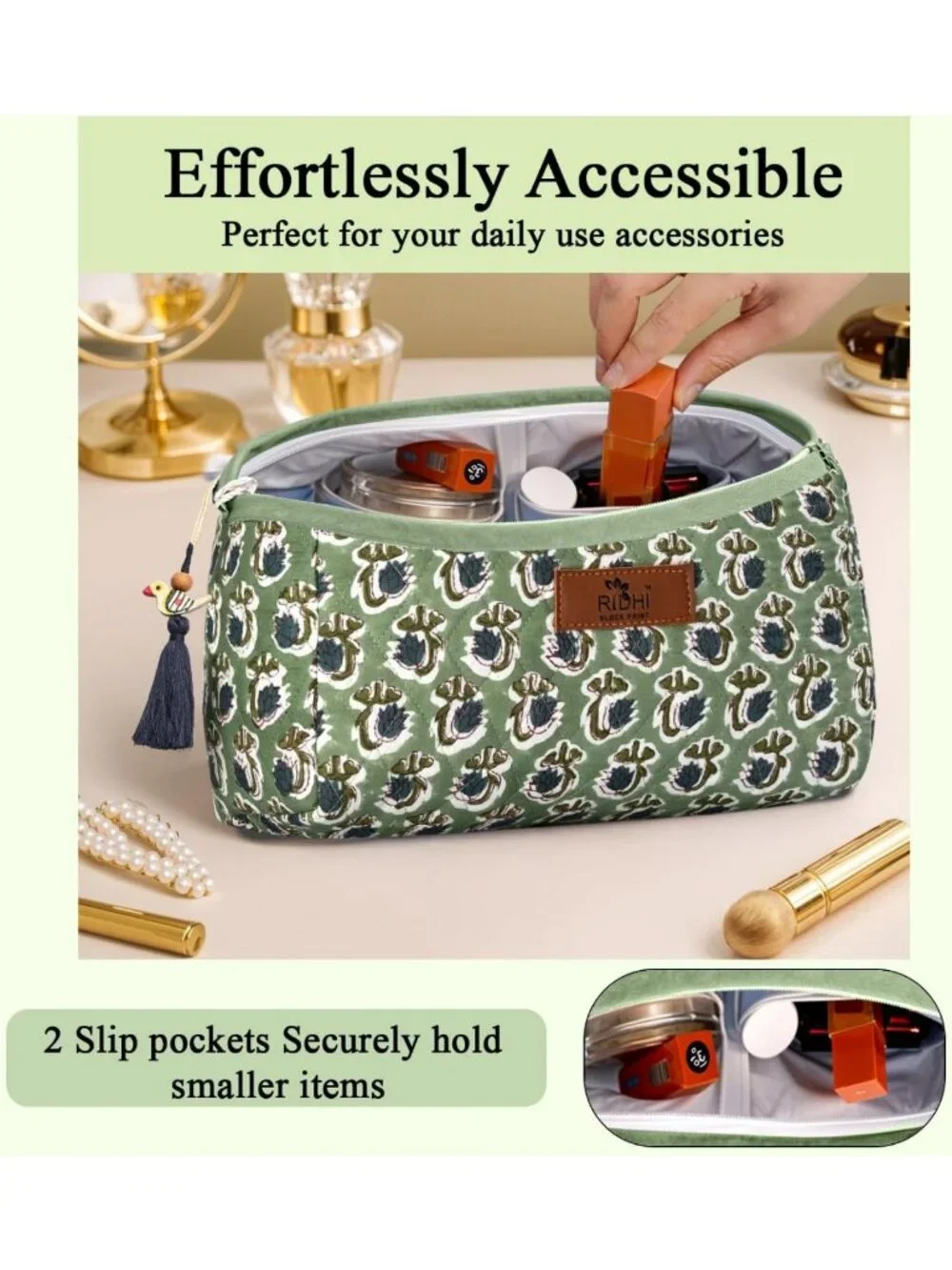 Set of 3 Hand Block Print Toiletry Bags - 100% Cotton, Basil Green Design